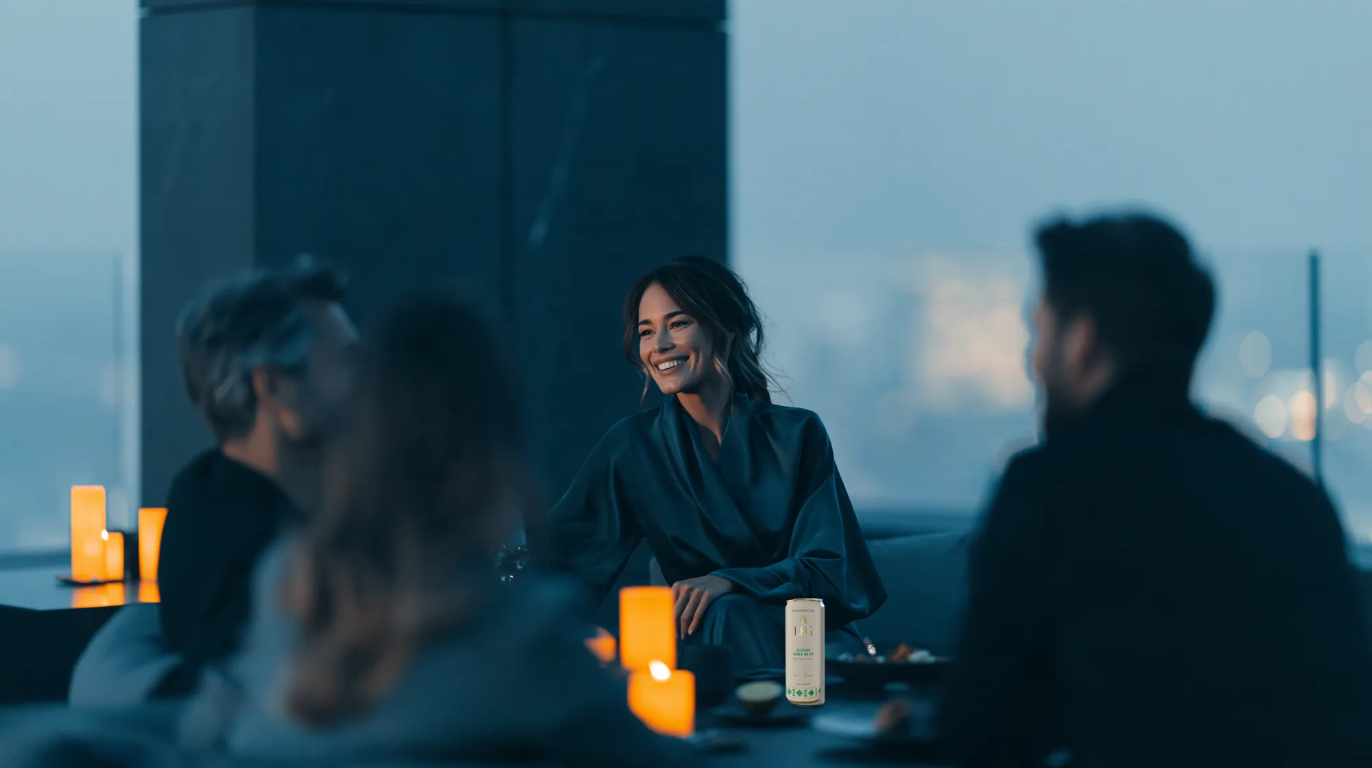 Friends at a candlelit table after dark with an LFG can